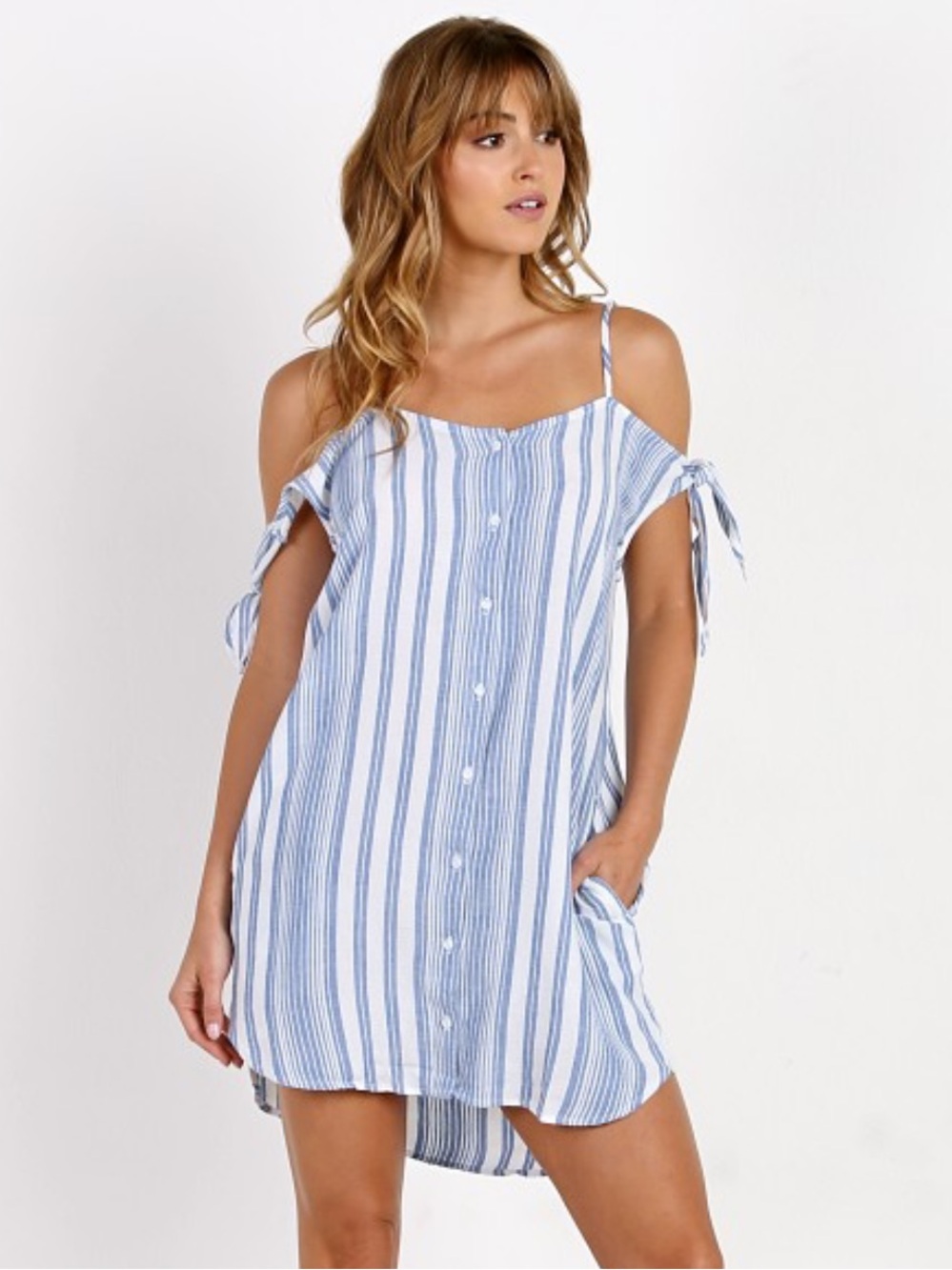 Bella Dahl Blue and White Striped Cold-Shoulder Tie-Shoulder Button Dress